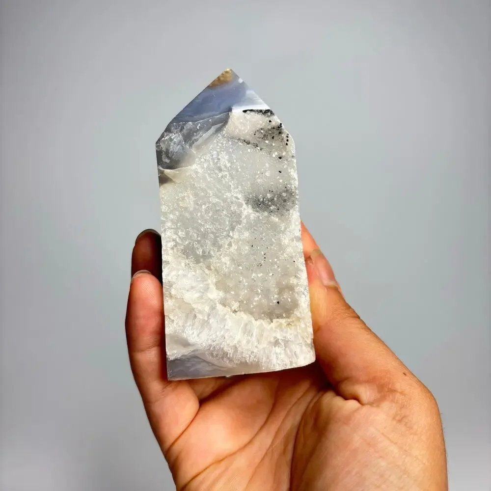Polished Blue Grey Agate Crystal Tower with Druzy Quartz